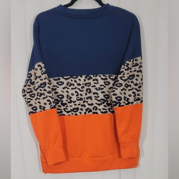 Leopard Print Striped Crew Neck Sweatshirt Tunic Navy Blue Orange Size Medium - Picture 2 of 4